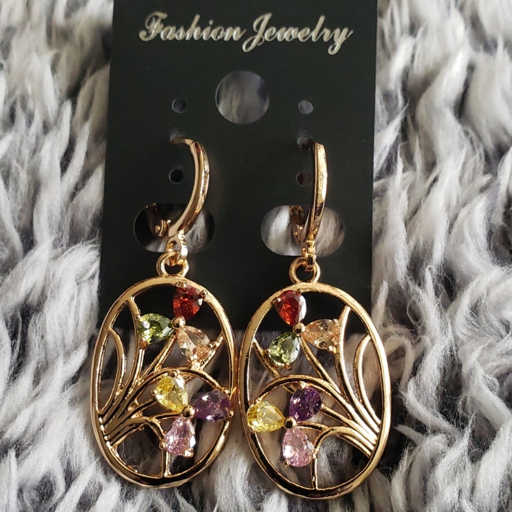 18K Yellow gold-filled multicolor oval earrings